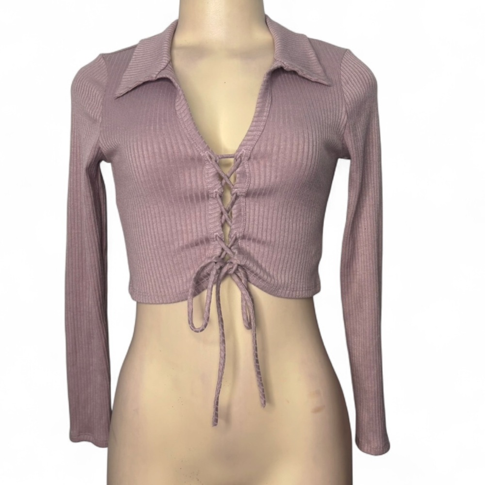 Timing Mauve Ribbed Lace-Up Long Sleeve Crop Top